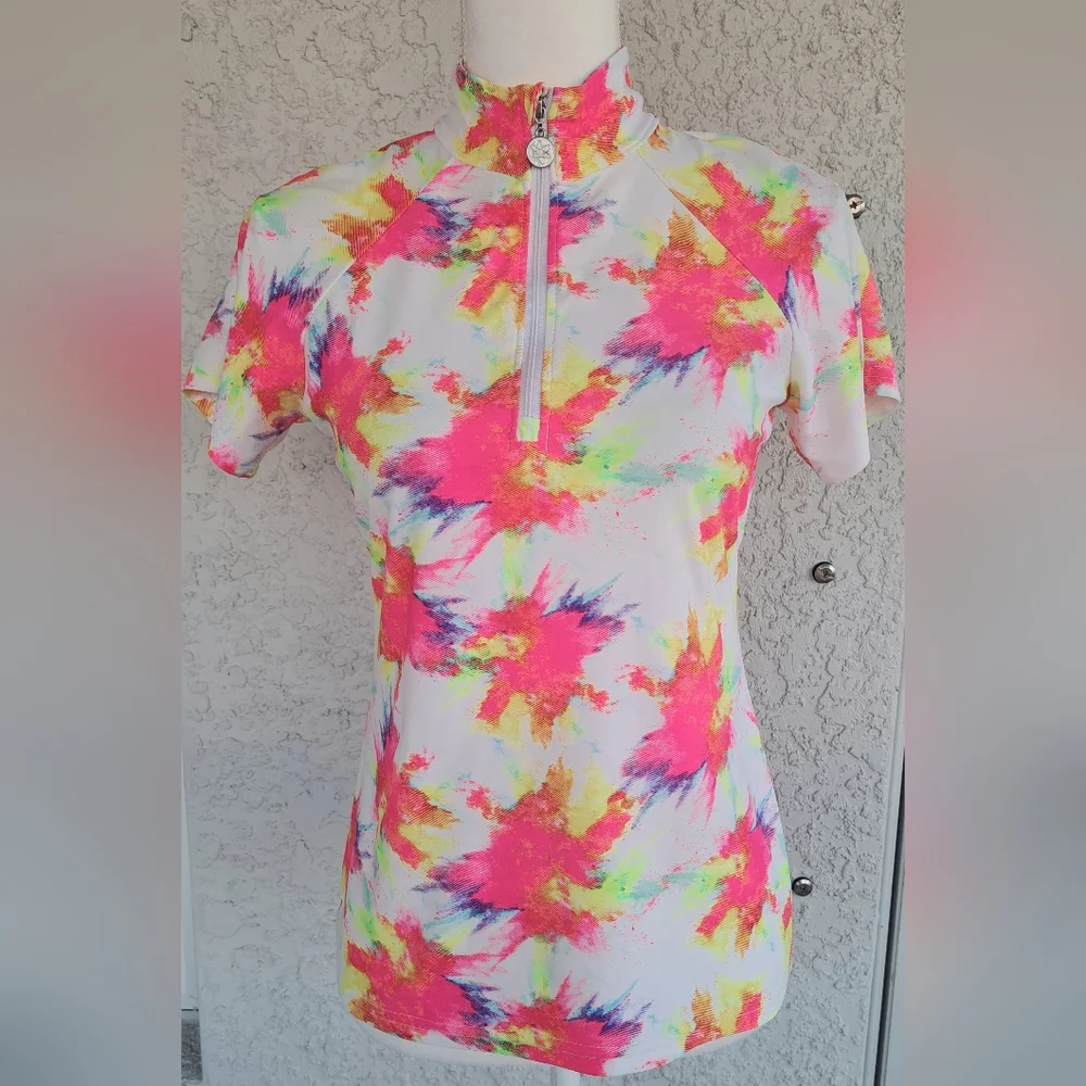 Tzu Tzu Women's Colorful Short Sleeve Zip-Up Top - Picture 2 of 6